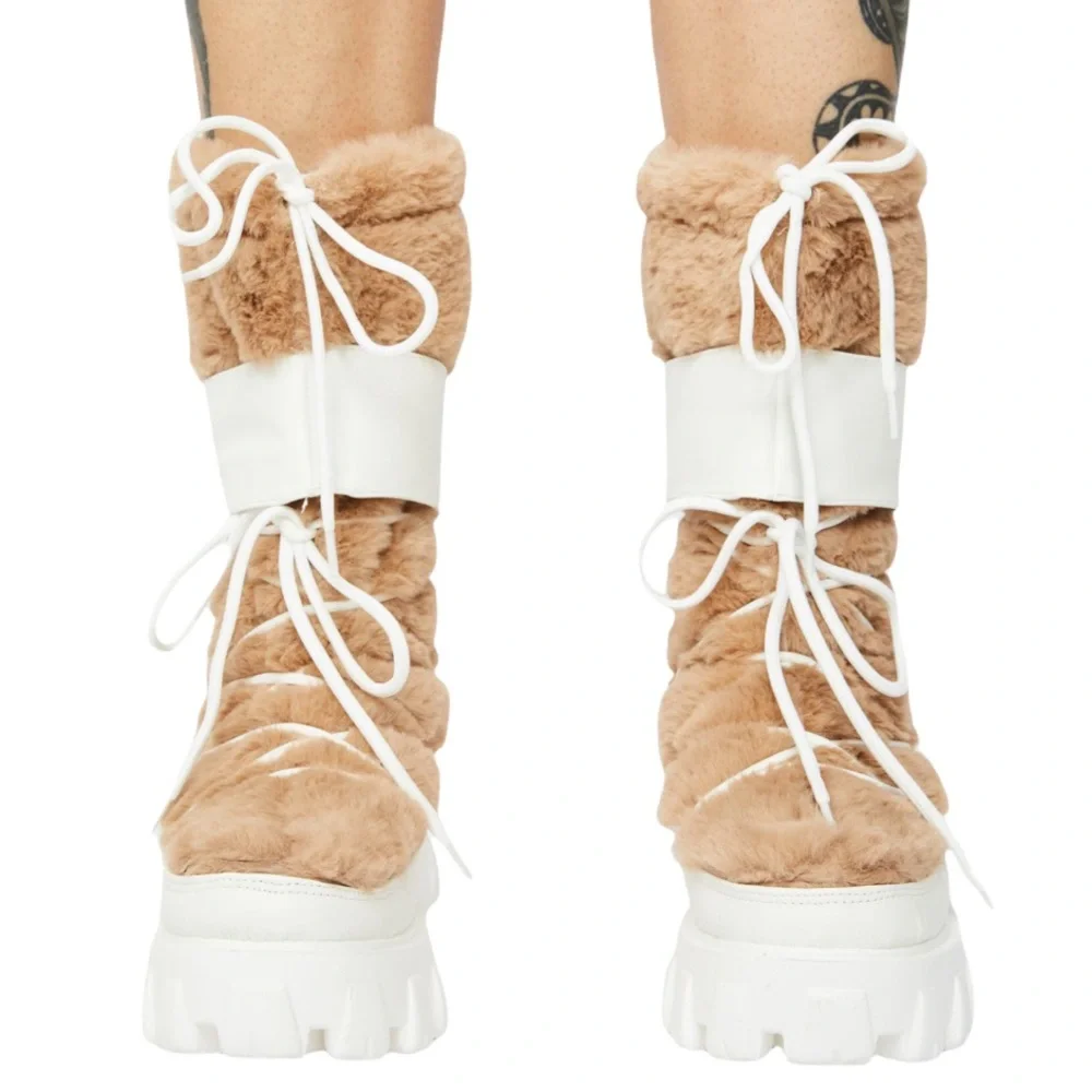 Tan & Winter White Vegan Leather & Fur Boots